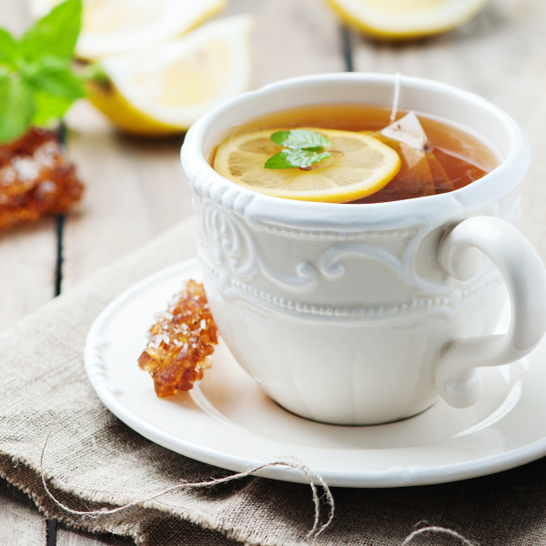 Hot tea with lemon and mint